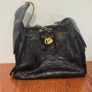 Black Quilted Leather Shoulder Bag with Gold Hardware
